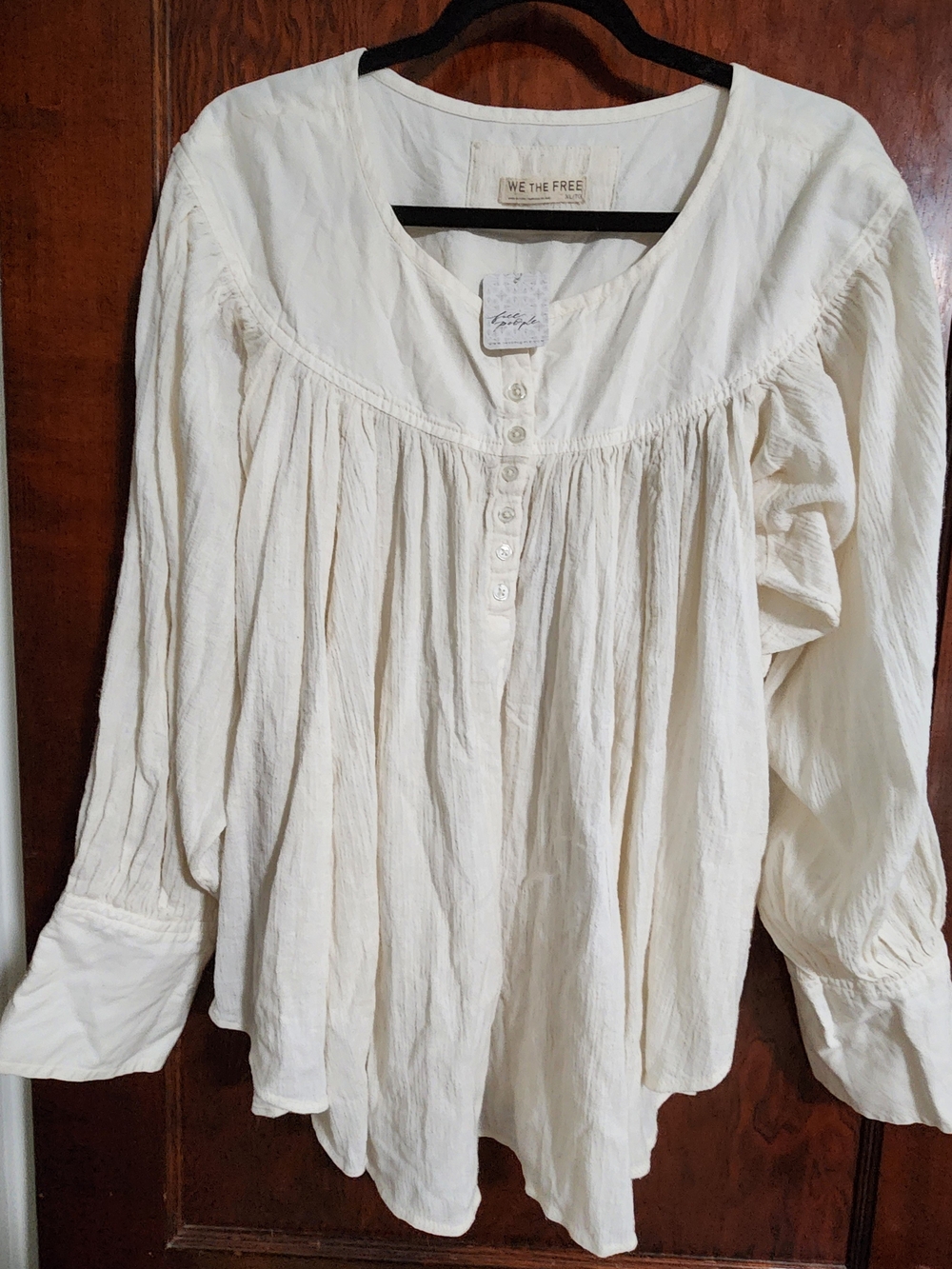 NWT Free People We The Free Malibu Crinkle Henley Peasant Blouse White XL